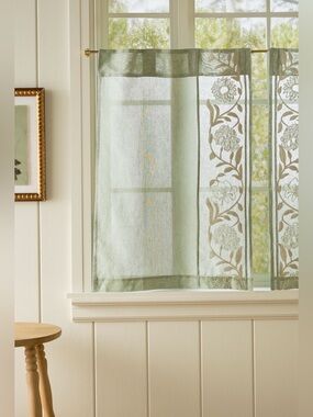 Anthropologie Manette Embroidered Cotton Linen Sheer Café Curtains 25”x36” NWOT